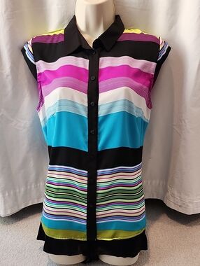 Worthington Multicolor Striped Cap-Sleeve Button-Down Top
